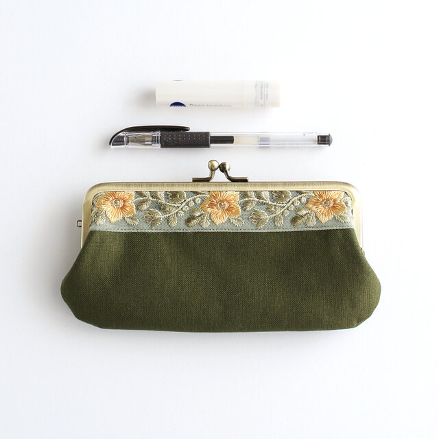 インド刺繍リボンのがま口ポーチ/ペンケース グリーン | iichi 日々の
