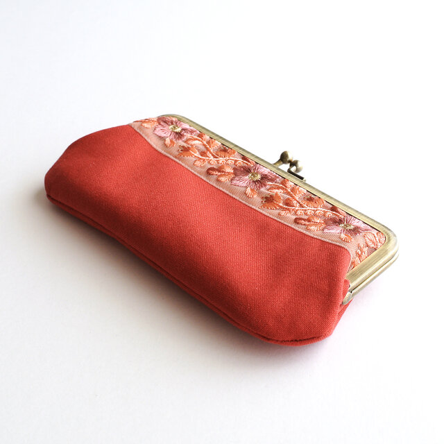 インド刺繍リボンのがま口ポーチ/ペンケース レッド | iichi 日々の