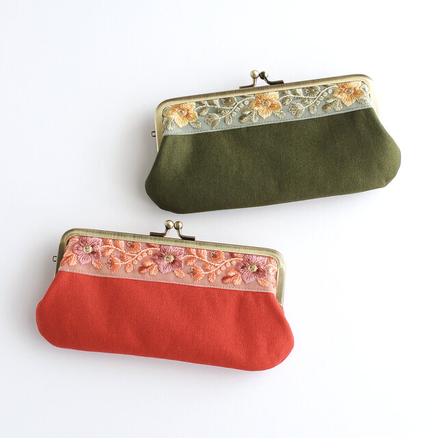 インド刺繍リボンのがま口ポーチ/ペンケース レッド | iichi 日々の