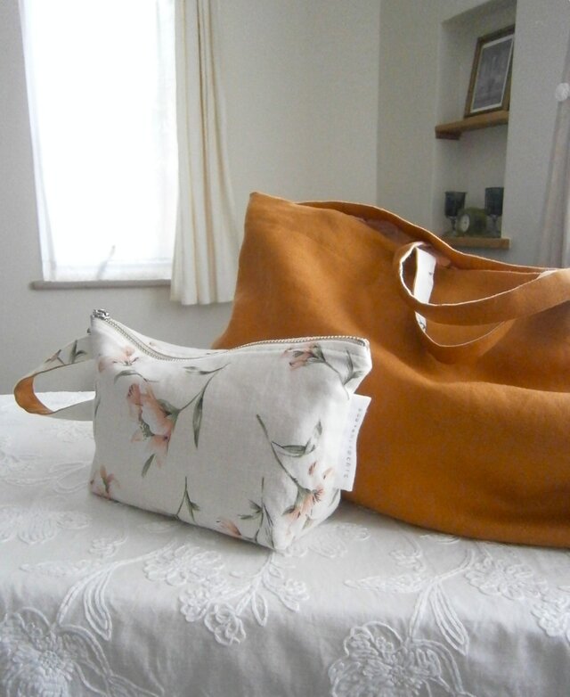 OrangeBrownLinen×花cotton Bag＆pouch