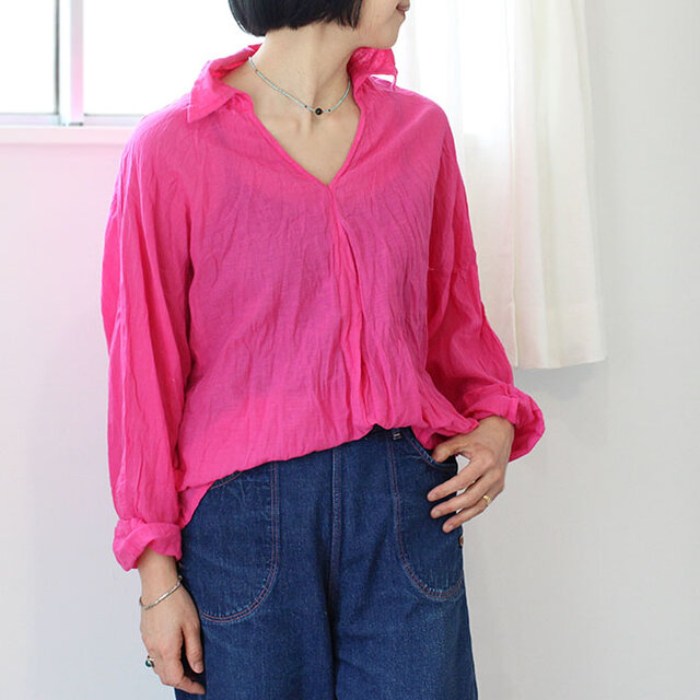 新色★クリンクルコットンドルマンスリーブブラウス【ピンク】