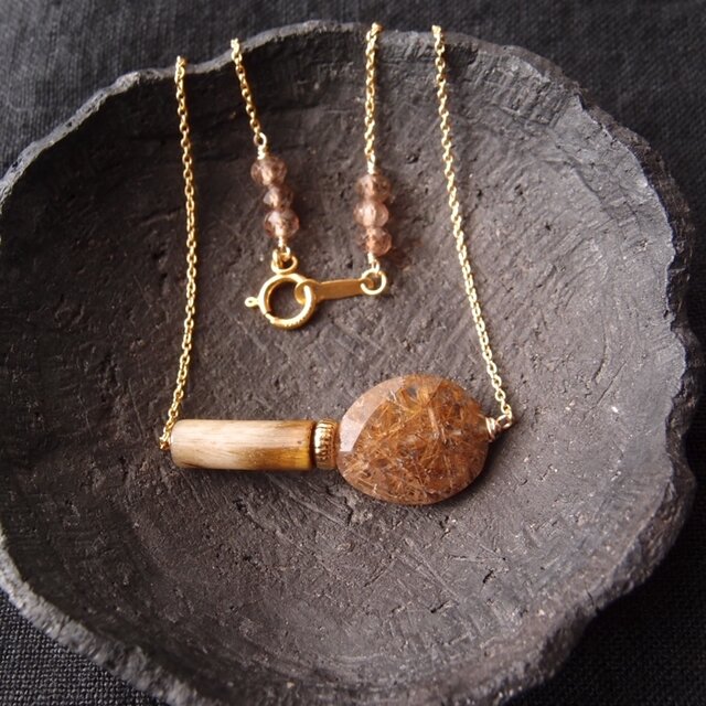 【K14gf】Copper Rutilated Quartz Necklace／コッパールチル×タイガーアイ ネックレス
