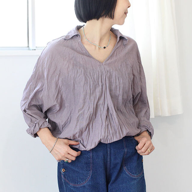 新色★クリンクルコットンドルマンスリーブブラウス【ラベンダーグレー】