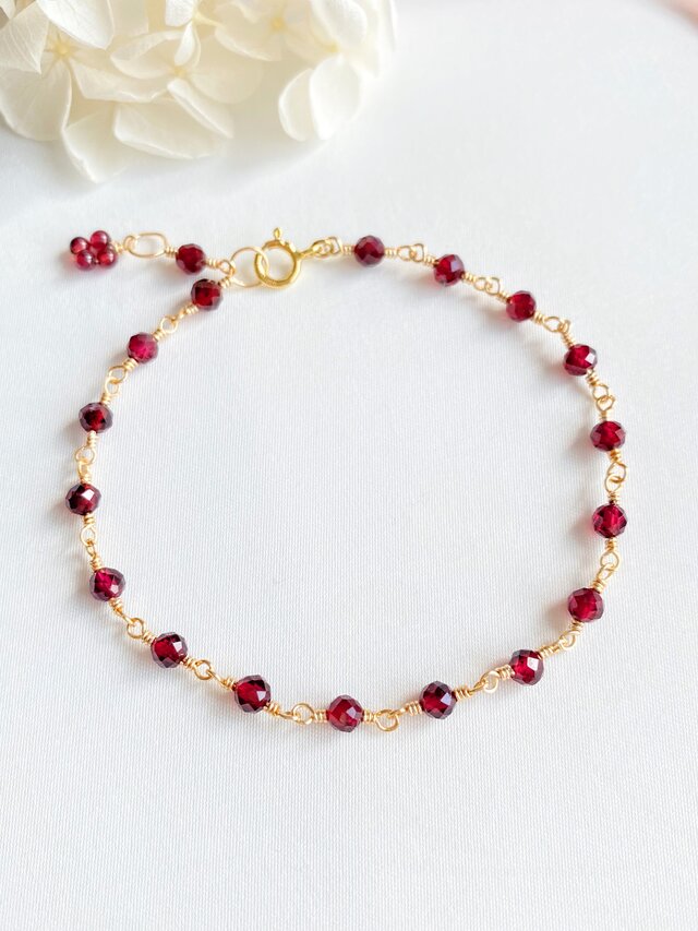 再販 14kgfワインレッドの輝き ガーネットのブレスレット　3mm珠 ac/548-2