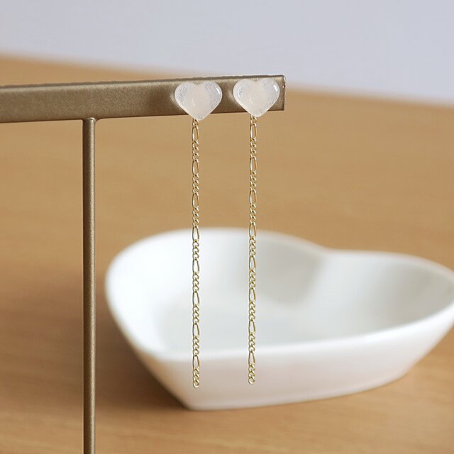 クリアガラス＊ハートとデザインチェーンの上品2wayピアス＊14KGF