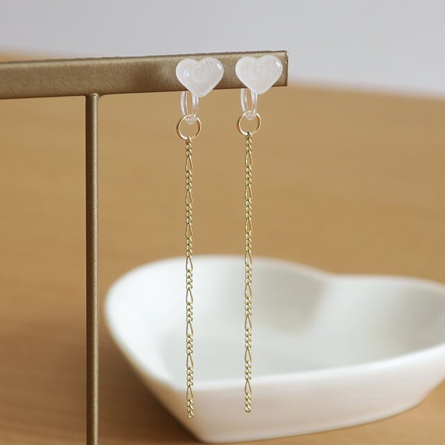 クリアガラス＊ハートとデザインチェーンの上品2way樹脂ノンホールピアス
