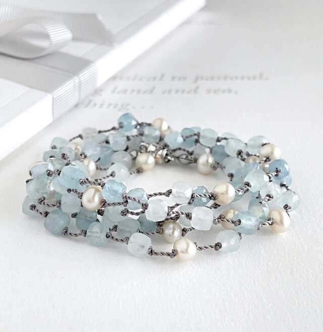 ブルーミックス キューブカットのアクアマリン コードロングネックレス（グラスコードに変更可）