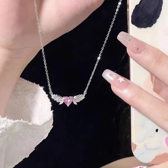 S925純銀ネックレス｜ピンクハート×天使の羽｜ロマンティック