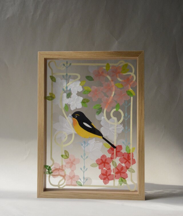 光透ける切り絵＊ツツジとキビタキ