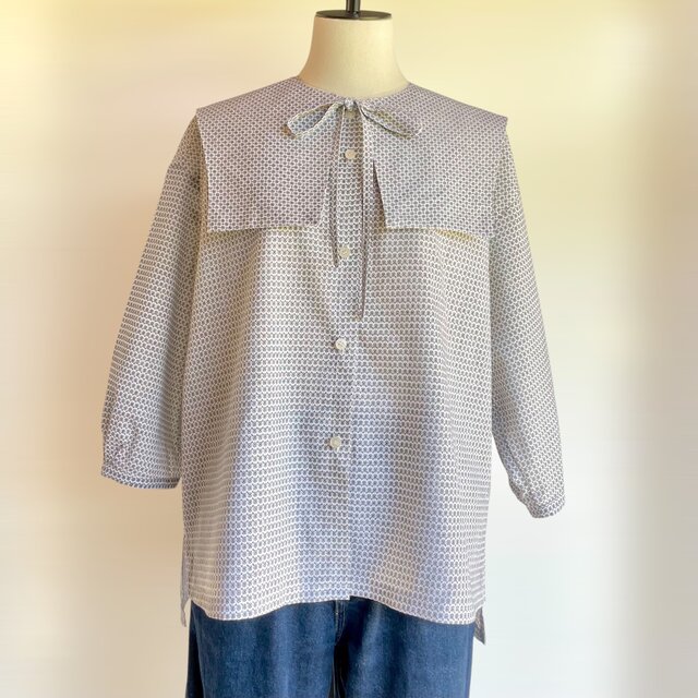 つけ襟付き　バンドカラー　ブラウス【送料込み】浴衣リメイク　ホワイト×ブラック