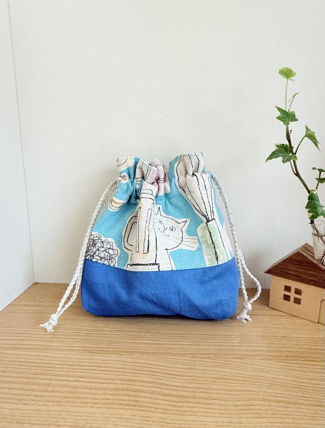 保温保冷シート付き巾着袋・大きめ（おにぎり、ドリンク入れに）キッチン猫ちゃん