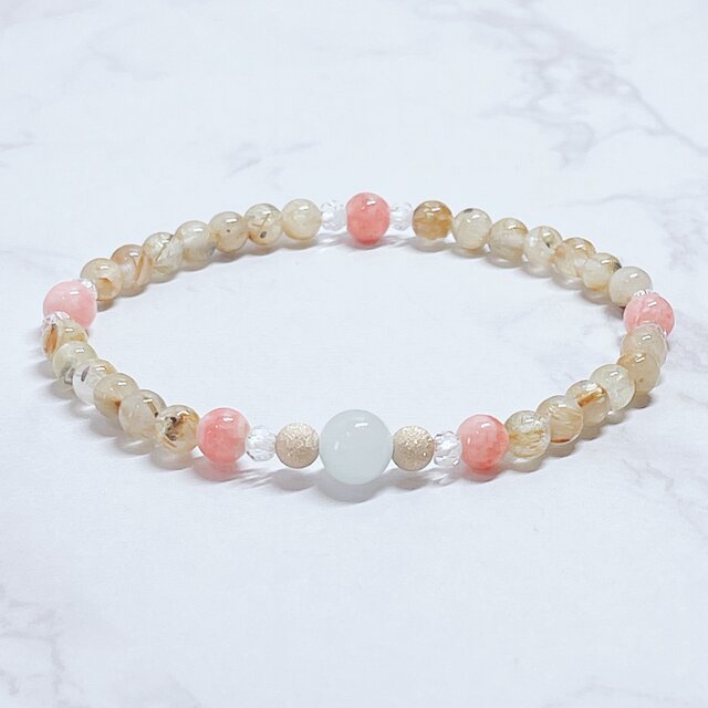 14kgf使用◎上品な輝き♪アクアマリン・ルチルクォーツ・インカローズ 天然石 シンプル パワーストーンブレスレット No803