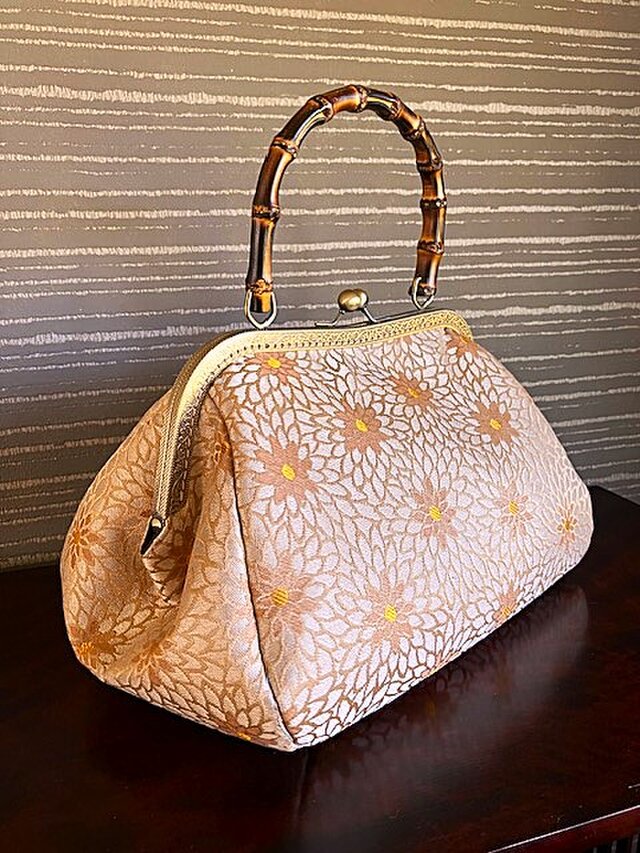 菊花柄名古屋帯の竹の手がま口手提げ