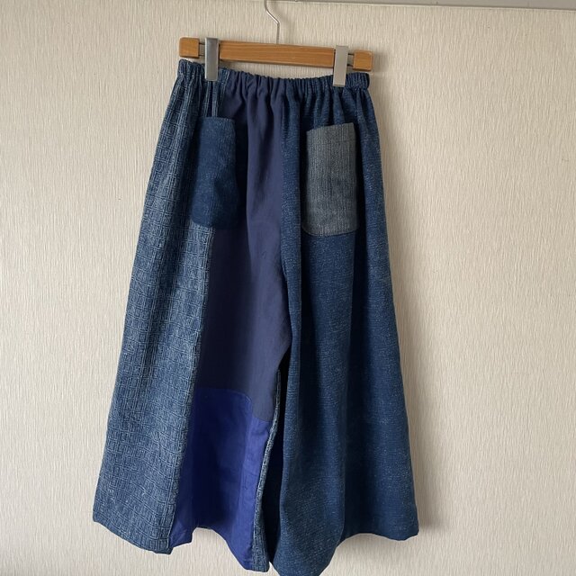 古布切替パッチワークワイドサルエルパンツ 一点物藍系F