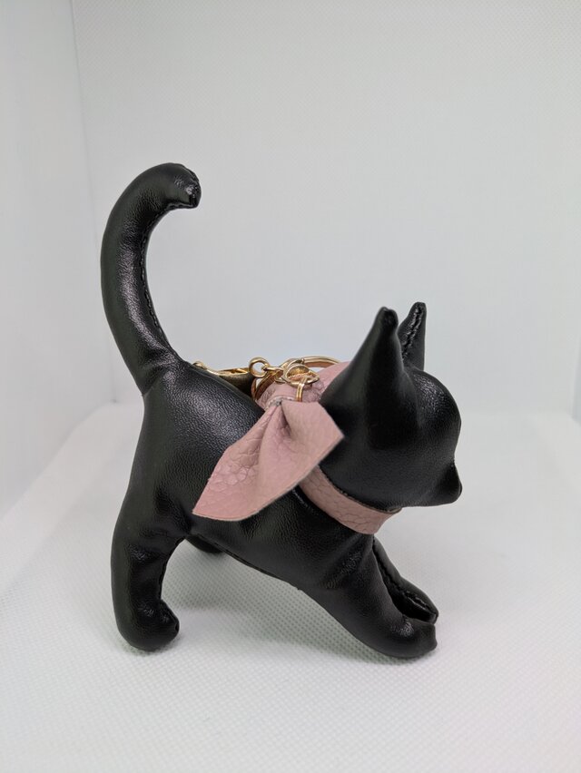 ぬいぐるみ☆キーホルダー☆ねこ☆合皮レザー☆黒×ピンク