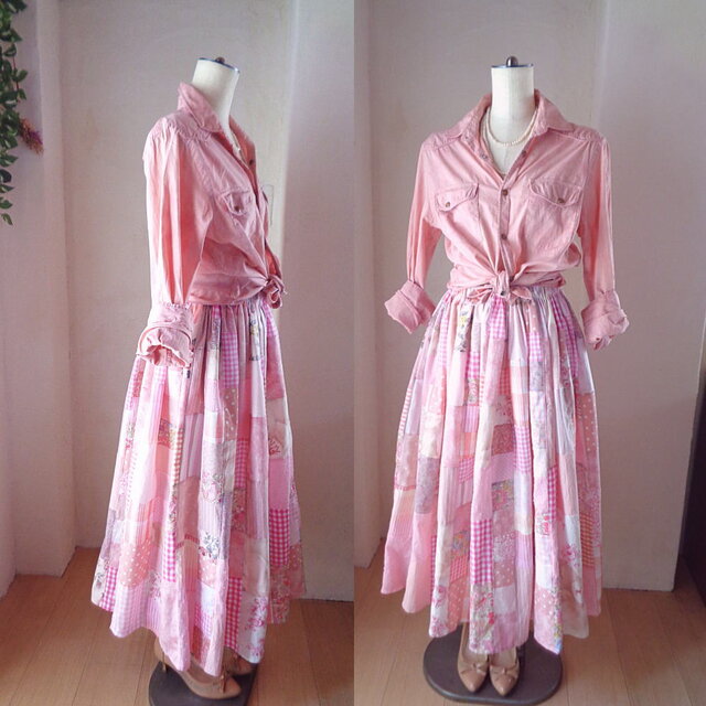 小柄さん♥83㎝丈♥絵画なパッチワーク♥pink♥ボリューム 小柄さん♥83㎝丈♥絵画なパッチワーク♥pink♥ボリューム
