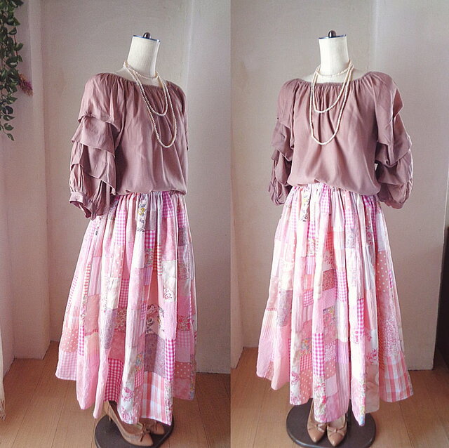 小柄さん♥83㎝丈♥絵画なパッチワーク♥pink♥ボリューム 小柄さん♥83㎝丈♥絵画なパッチワーク♥pink♥ボリューム