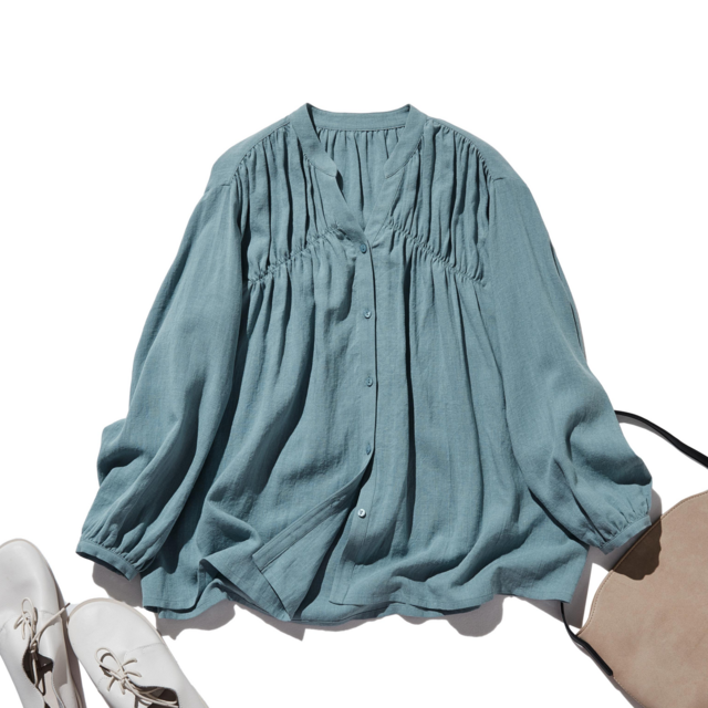 ナチュラルテイストの綿麻シャツブラウス 長袖ブラウス　灰色がかった青色250420-1