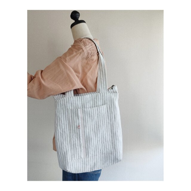 ストライプ リネン の ショルダーバッグ 赤耳外ポケット