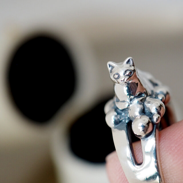 何かの上に香箱座り猫リング