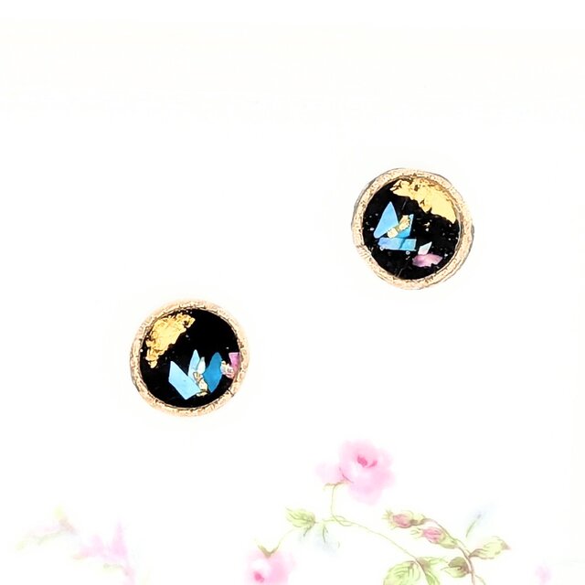 24k金箔の月と螺鈿の花と黒漆のメタルラウンドピアスイヤリング【2172】#男性