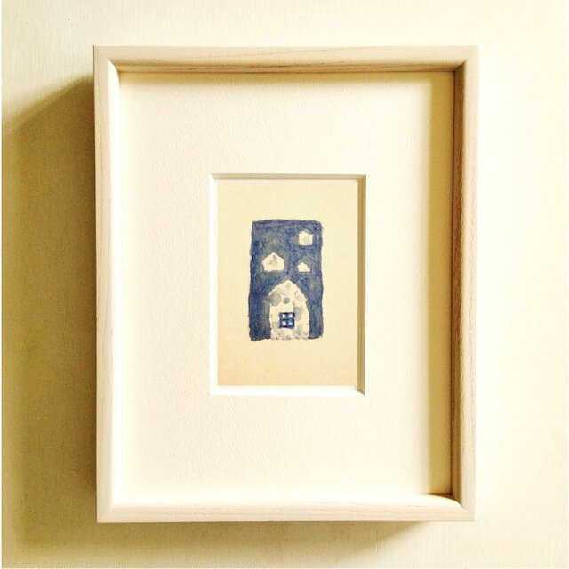 青いドローイングの絵画｜水彩　※木製額縁入り