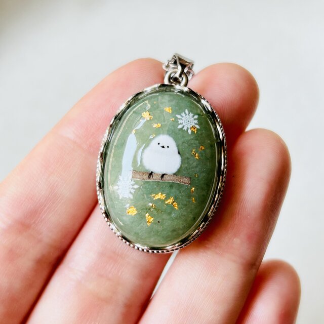 天然石グリーンアベンチュリンとシマエナガのペンダント ネックレス 金箔 24K 一生もの2025