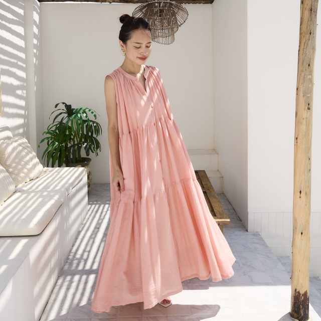 【着丈調整可能】軽やかな着心地 コットン 前開き ティアードワンピース　シェルピンク 0527L.PK