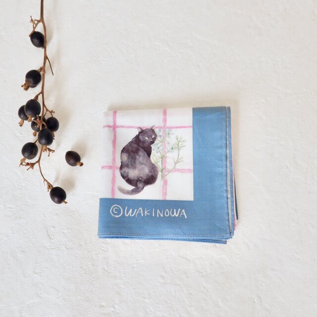 デルフィニウムとねこたちのチェックハンカチ