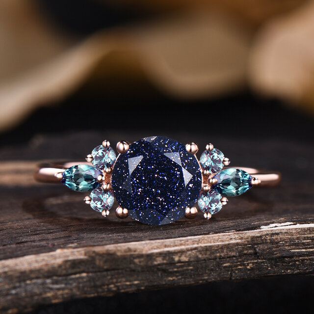 ギャラクシー ブルー サンドストーン婚約指輪 6月の誕生石 アレキサンドライト リング誕生日 ブライダル ジュエリー