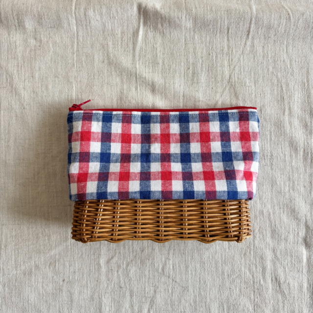 ラタンのポーチ【トリコロールチェック】/自然素材/手編みのカゴ/人とかぶらないポーチ