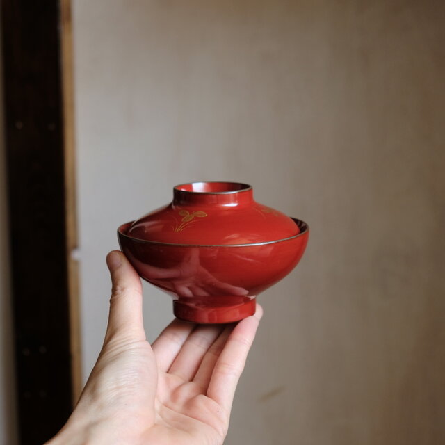 草と蜻蛉◇赤で素敵。古輪島塗 漆芸沈金蓋付椀 漆器 骨董