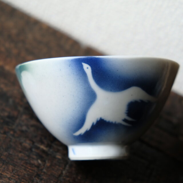 鶴と月と霞◇瀬戸焼 吹き墨小碗 飯碗 骨董/antiques 古民家