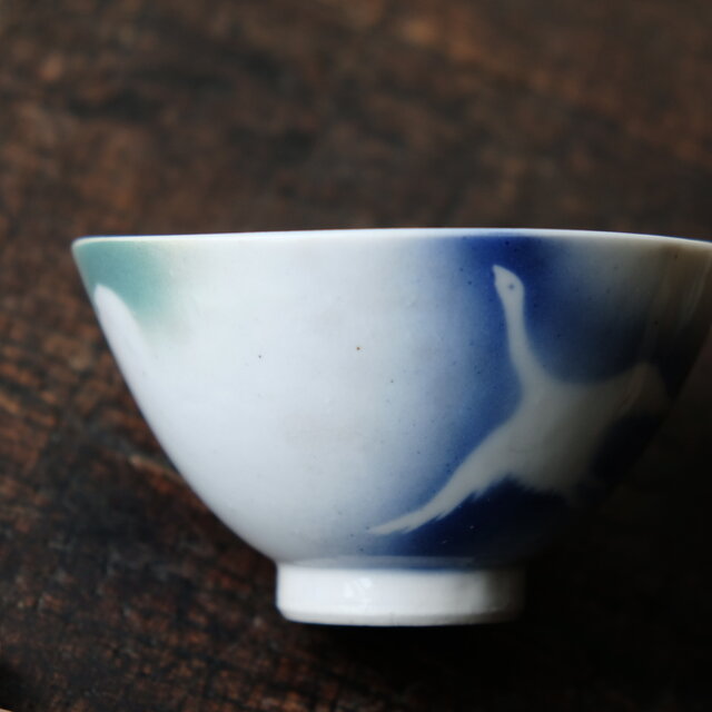 鶴と月と霞◇瀬戸焼 吹き墨小碗 飯碗 骨董/antiques 古民家