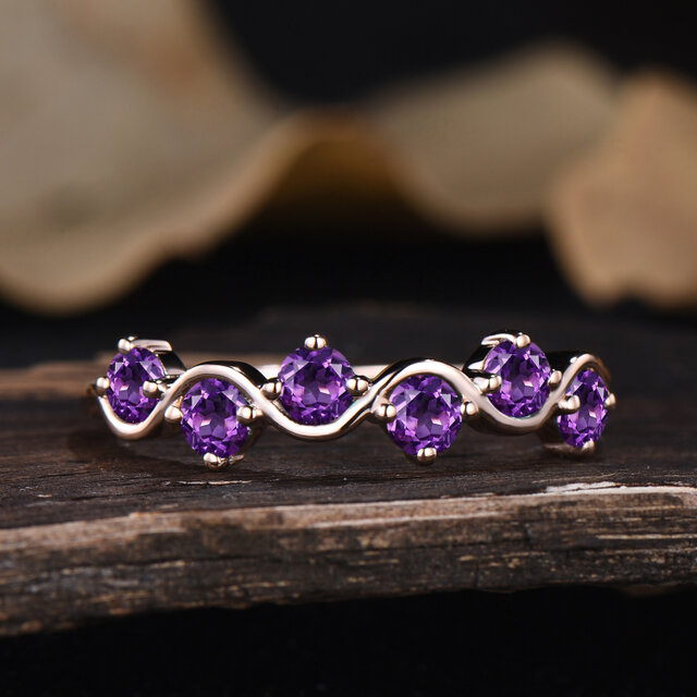 3mm ラウンド カット 天然アメジスト リング ユニークな 2 月 誕生石 リング パープル クリスタル リング