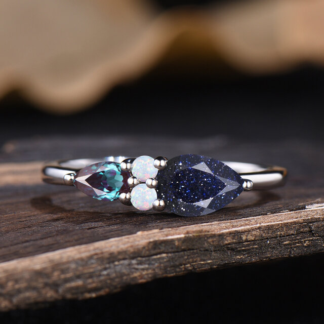 ヒーリング ブルーサンドストーン 結婚指輪 6月誕生石 アレキサンドライト 10月誕生石 オパール アニバーサリーリング