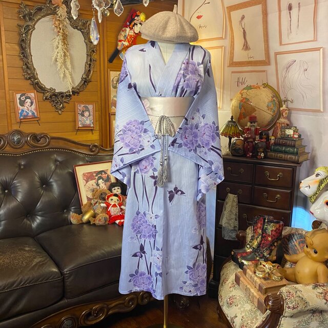 浴衣リメイク セミロング ワンピース ドレス 名古屋帯サッシュ