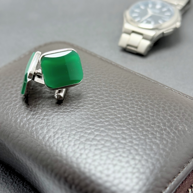 ラス1 四角の余韻 クリソプレーズ/緑玉髄  RHP 天然石カフスボタン - Grid