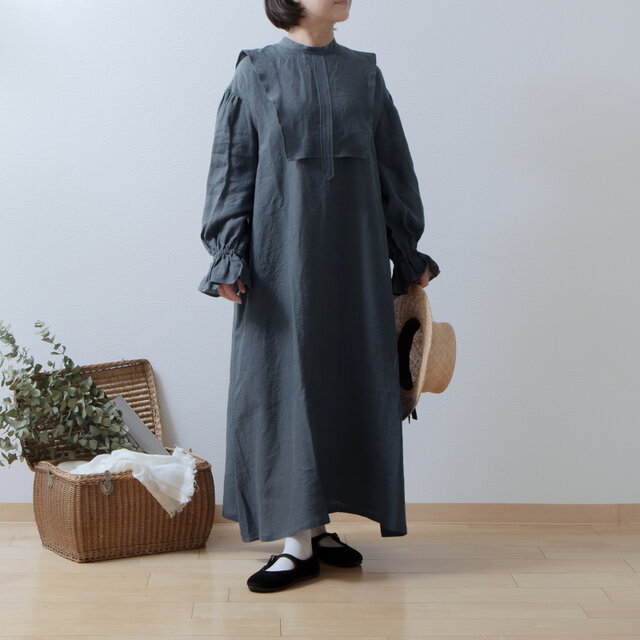 ヨークレイヤーギャザースリーブリネンワンピース/グレー