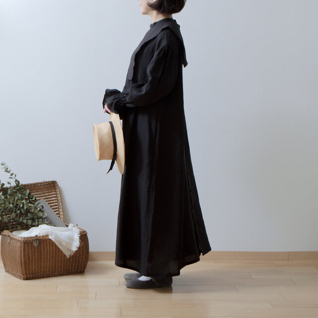 リネンレイヤードロングワンピース　ブラック×オフ美品 ワンピース ロング リネン レイヤード ブラック 黒 夏 上品 大人 V