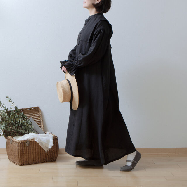 ヨークレイヤーギャザースリーブリネンワンピース/ブラック | iichi
