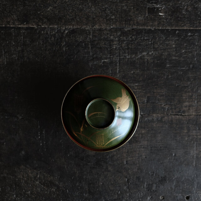 雀と稲穂◆緑で素敵。時代物　漆芸蒔絵蓋付椀　寿　漆器　骨董・antiques 古道具　明治〜大正期