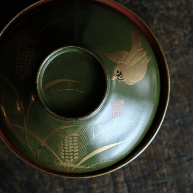 雀と稲穂◇緑で素敵。時代物 漆芸蒔絵蓋付椀 寿 漆器 骨董・antiques