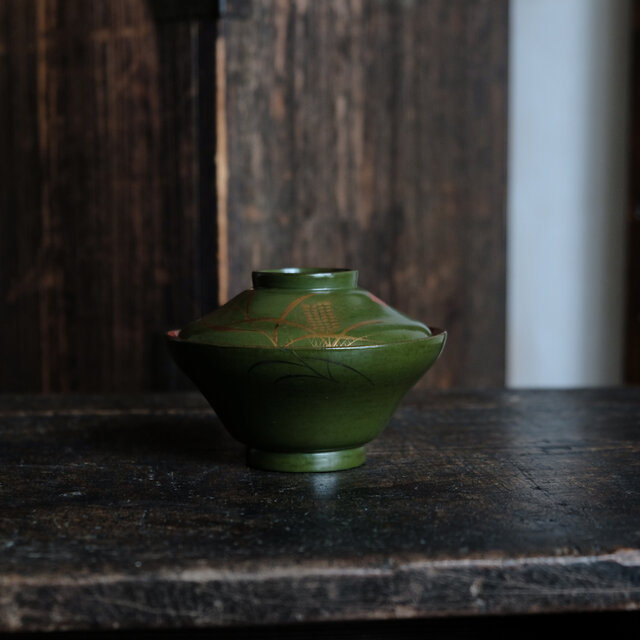 雀と稲穂◇緑で素敵。時代物 漆芸蒔絵蓋付椀 寿 漆器 骨董・antiques