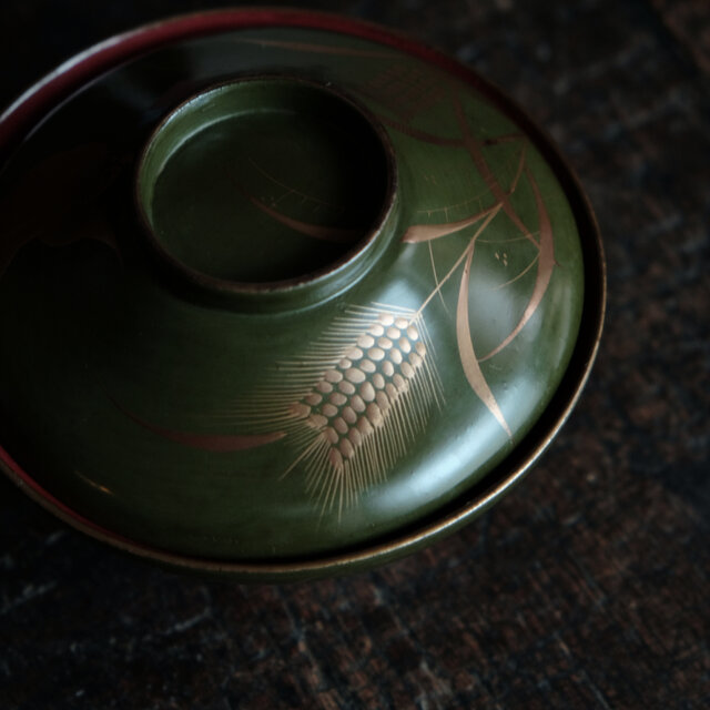 雀と稲穂◇緑で素敵。時代物 漆芸蒔絵蓋付椀 寿 漆器 骨董・antiques
