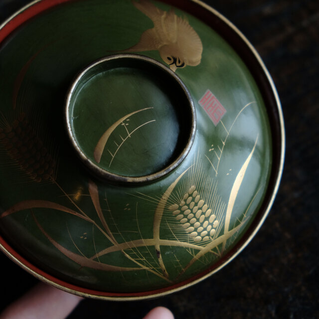 雀と稲穂◇緑で素敵。時代物 漆芸蒔絵蓋付椀 寿 漆器 骨董・antiques