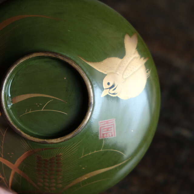 雀と稲穂◇緑で素敵。古輪島塗 漆芸蒔絵蓋付椀 寿 漆器 骨董