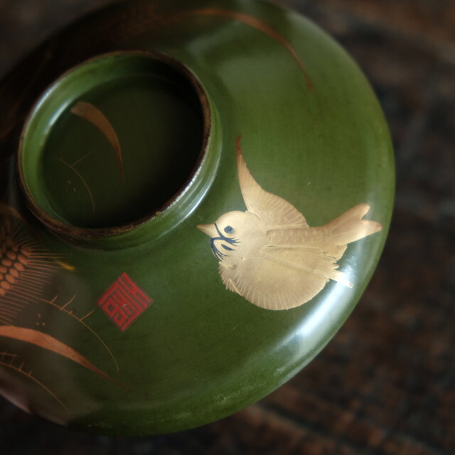 雀と稲穂◇緑で素敵。時代物 漆芸蒔絵蓋付椀 寿 漆器 骨董・antiques
