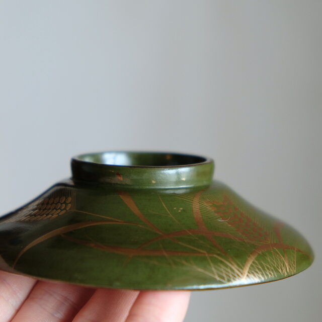 雀と稲穂◇緑で素敵。時代物 漆芸蒔絵蓋付椀 寿 漆器 骨董・antiques