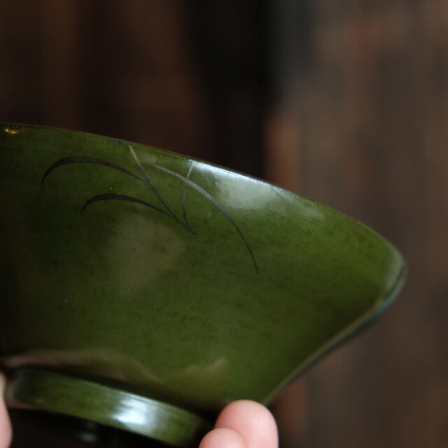 雀と稲穂◇緑で素敵。時代物 漆芸蒔絵蓋付椀 寿 漆器 骨董・antiques